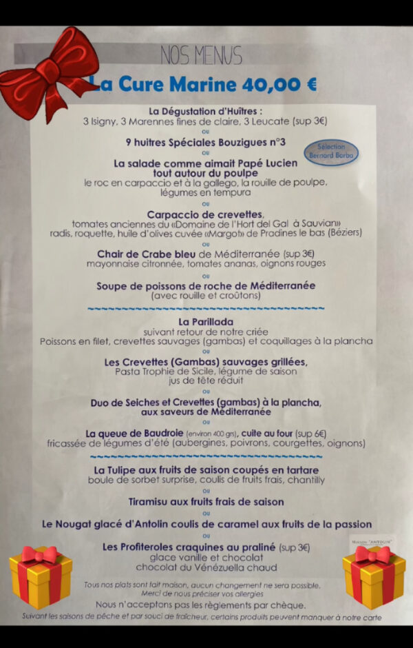 Menu La Cure Marine (Restaurant Béziers)
